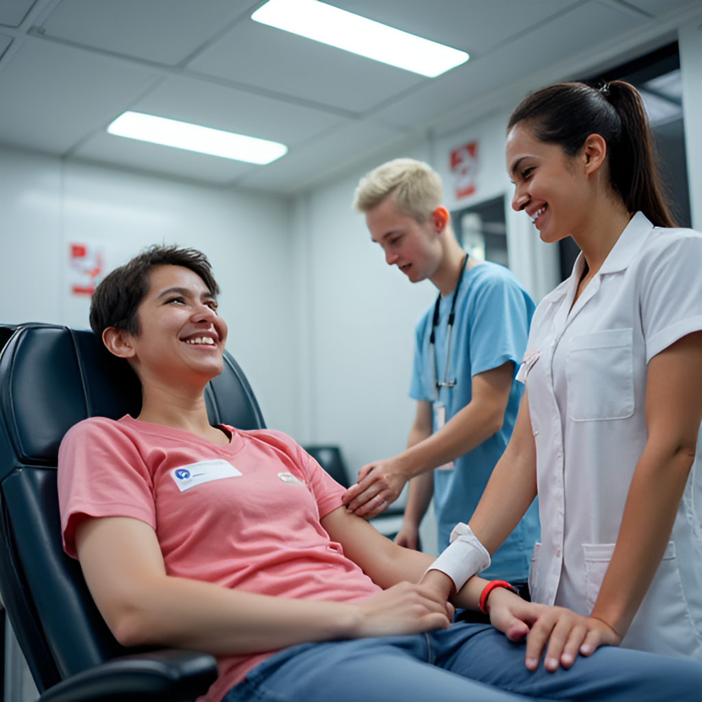 A photo-realistic image showing volunteers from Türk Kızılay receiving blood donations in a clean and modern mobile blood donation center. Show friendly faces of both donors and volunteers.