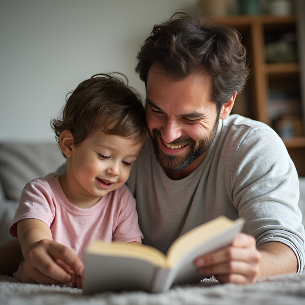 A heartwarming photo of a father and child (of any age) spending quality time together, perhaps playing or reading, emphasizing the bond and father's importance in development