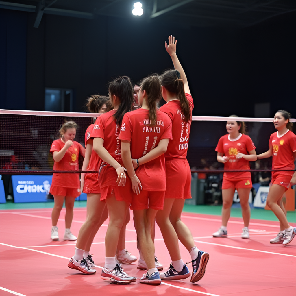Yuan Xinyue celebrating a point with her teammates on the court, showing team spirit and her prominent height among other players, bright indoor arena lighting