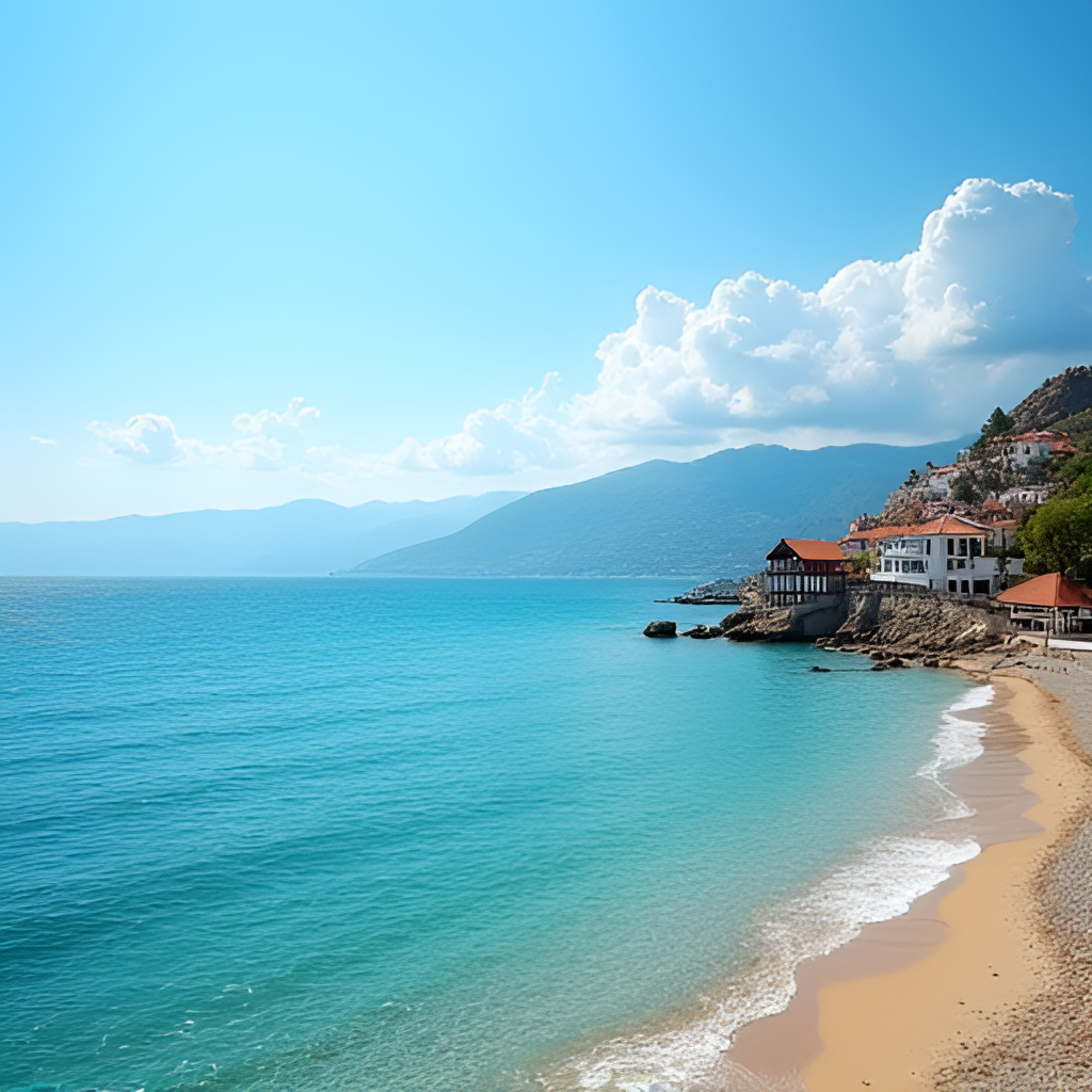A serene image of a coastal town in Turkey during the summer, suggesting a potential bayram holiday destination, with clear blue water and sunny skies