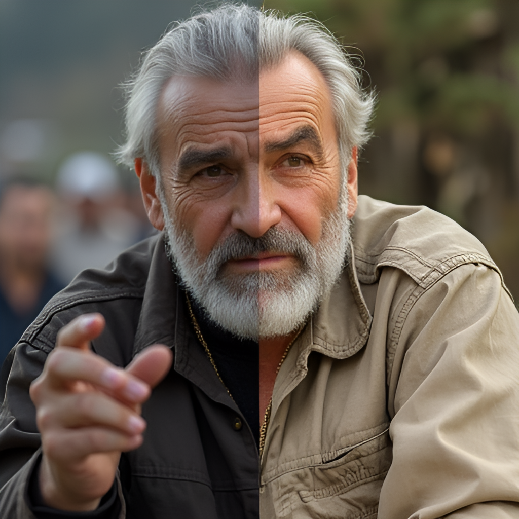 A split image or collage showing Serkay Tütüncü on one side in a scene from one of his TV series (like Masumiyet or Sandık Kokusu) and on the other side a more candid shot related to his personal life or hobbies.