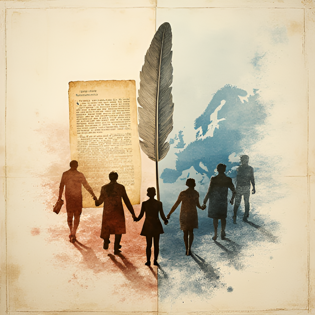 A split image or collage. One side shows historical elements like old documents or a quill pen and ink, representing historical events. The other side shows modern elements like people easily crossing borders or a diverse group holding hands, representing the Schengen Area's freedom of movement.