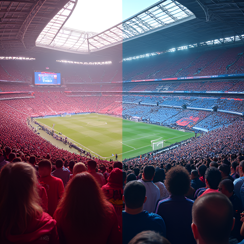 A vibrant side-by-side image contrasting the atmosphere of the Allianz Arena with Bayern Munich fans and La Bombonera with passionate Boca Juniors supporters ('La Doce'), highlighting the unique fan cultures of both clubs.
