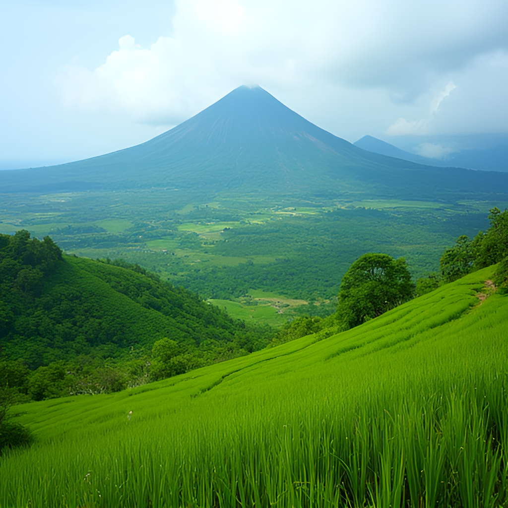 A breathtaking landscape image of Indonesia, showing perhaps the lush green rice terraces of Bali, a stunning view of a volcano like Bromo, or a panoramic view of the Komodo National Park islands.