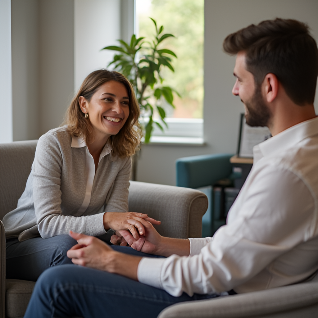 A life coach or business coach is having a focused one-on-one conversation with a client in a comfortable office setting, both smiling and engaged, emphasizing guidance and support, professional photo