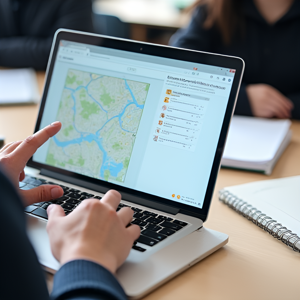A close-up shot of hands using a laptop or tablet, showing the interface of the ÖSYM Görevli İşlemleri Sistemi (GIS) platform, perhaps with a blurred background of exam materials or a school setting.