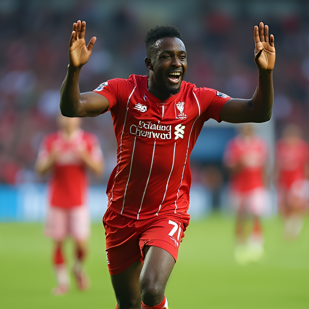 A dynamic action shot of a football player (representing Dan Agyei) celebrating a goal, arms raised, with teammates in the background, focusing on the emotion of scoring.