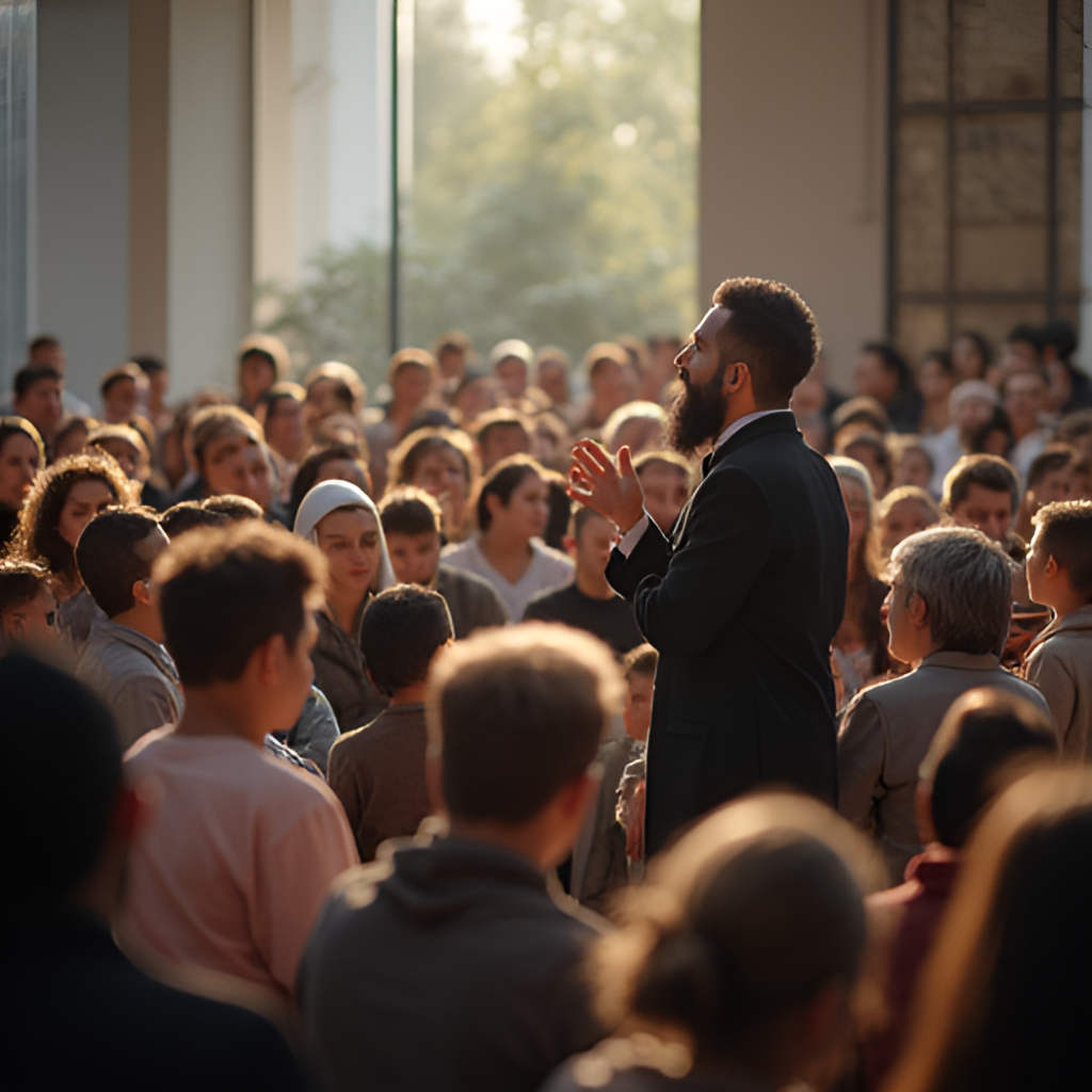 A diverse group of people of different ages and backgrounds listening attentively to a religious figure giving a sermon or talk in a well-lit, modern setting, representing community enlightenment and education activities by Diyanet