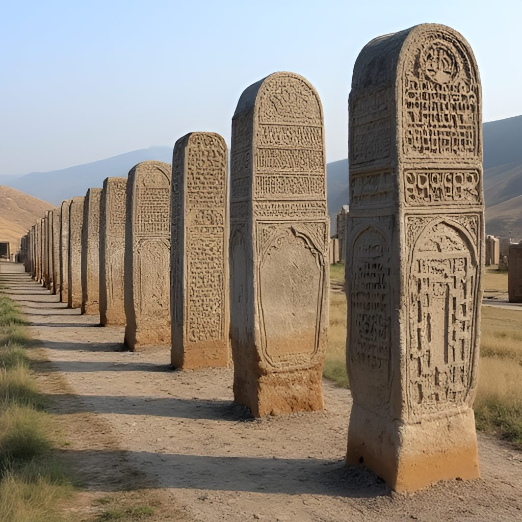 A collection of large, intricately carved Seljuk tombstones (Ahlat mezar taşları) in the Ahlat Seljuk Cemetery near Tatvan, showing detailed patterns and Kufic script against a backdrop of rolling hills, capturing the historical and artistic significance.