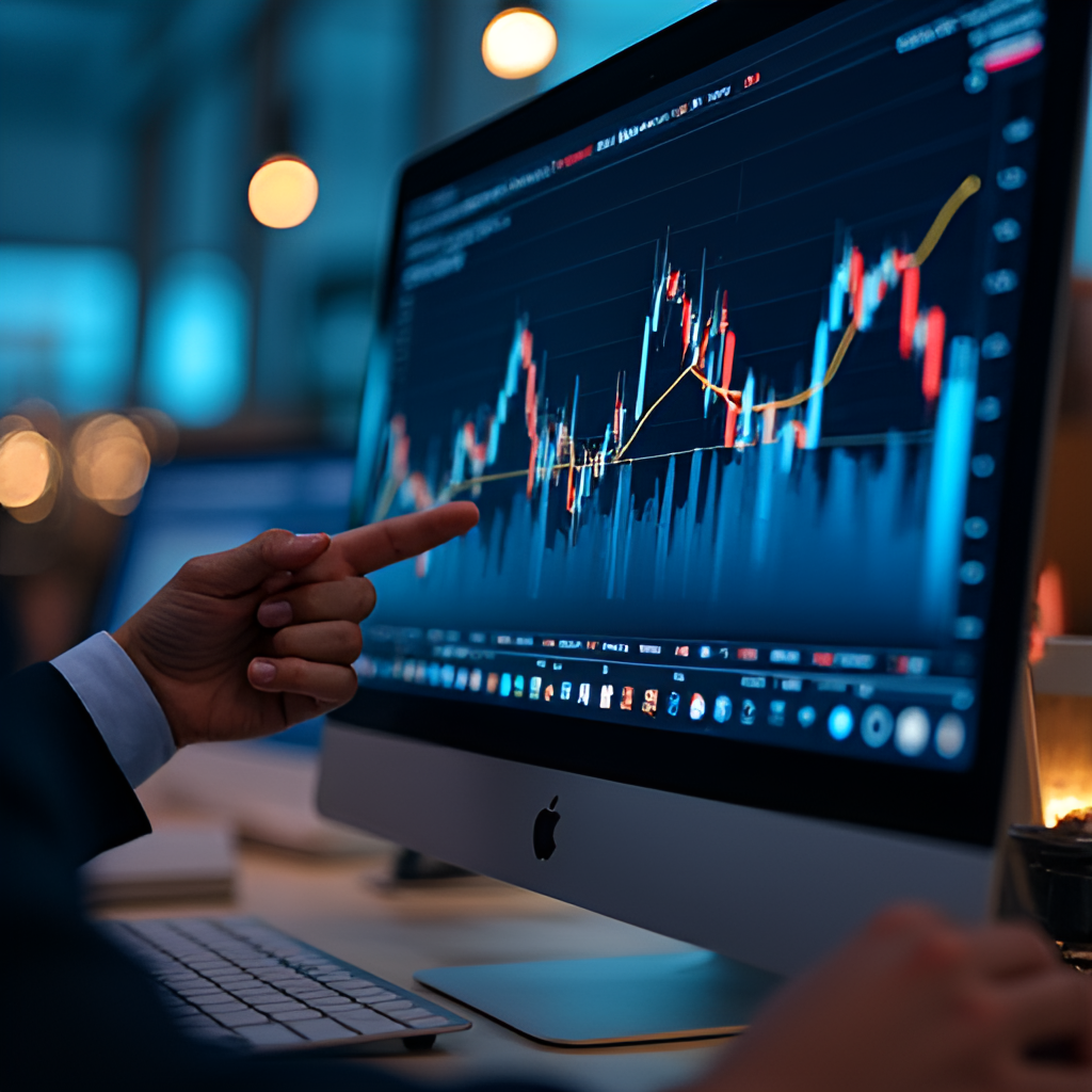 Image depicting economic indicators and charts on a computer screen, with hands pointing to a fluctuating line representing currency exchange rates, conveying market tracking and analysis