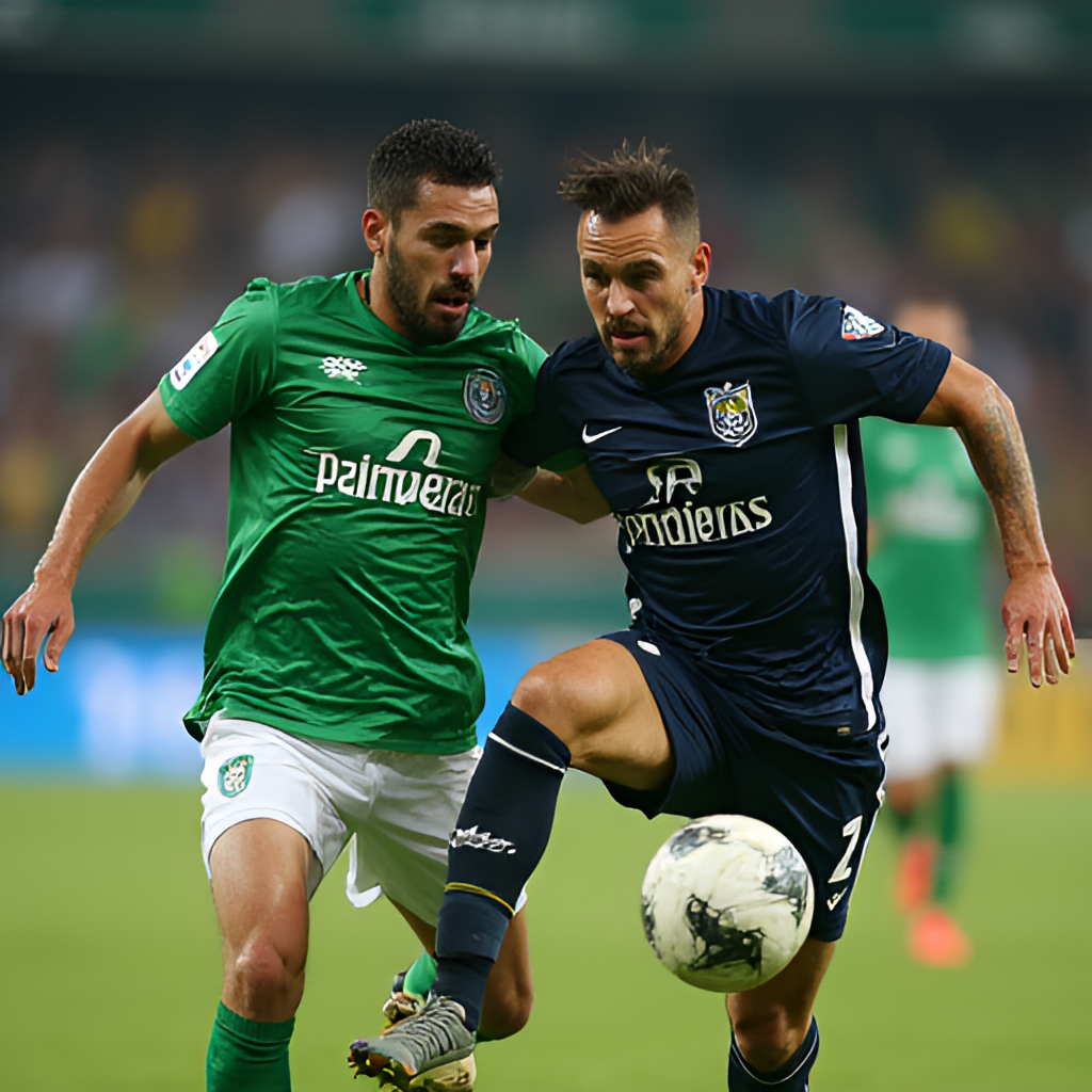 A dynamic close-up shot of two rival football players, one from Palmeiras and one from Grêmio, in a fierce but fair tackle for the ball. Their faces show determination and focus, highlighting the intensity of the Palmeiras - Grêmio rivalry, with blurred stadium lights in the background.